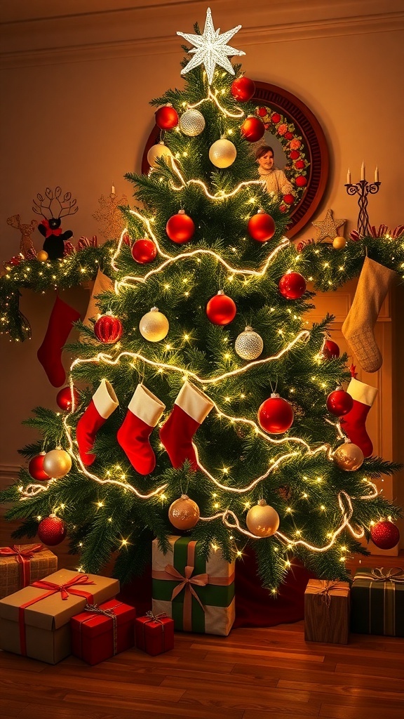 A virtual meeting background with a decorated Christmas tree and a fireplace, creating a festive atmosphere.